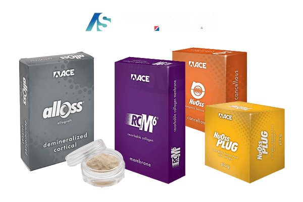 A display showcasing biological products by Ace Southern, including Alloss, RCM6, NuOss, and NuOss Plug with packaging.