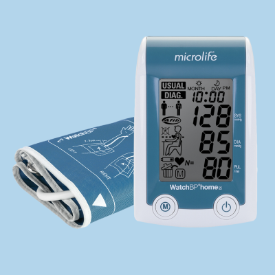 Digital blood pressure monitor with an arm cuff displayed on a light blue background.