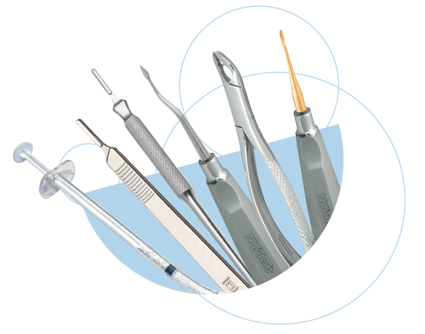 A collection of Nordent dental instruments arranged on a graphic background, with the brand's logo at the lower right.