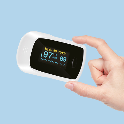 A hand holding a white pulse oximeter displaying oxygen saturation of 97% and a heart rate of 69 bpm, over a light blue background.