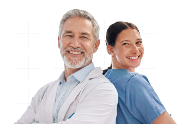 A smiling male doctor and female nurse standing back to back in front of a transparent background.