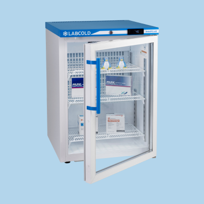 A laboratory refrigerator with a transparent door, blue top, and internal shelves containing lab samples.