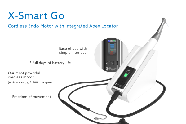 Marketing banner for the X-Smart Go cordless endo motor with integrated apex locator, featuring product photo and key benefits.