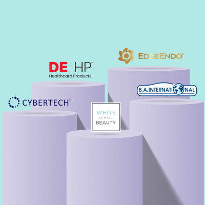 Logos of DE | HP, EdgeEndo, Cybertech, B.A. International, and White Dental Beauty on a pastel background with podiums.